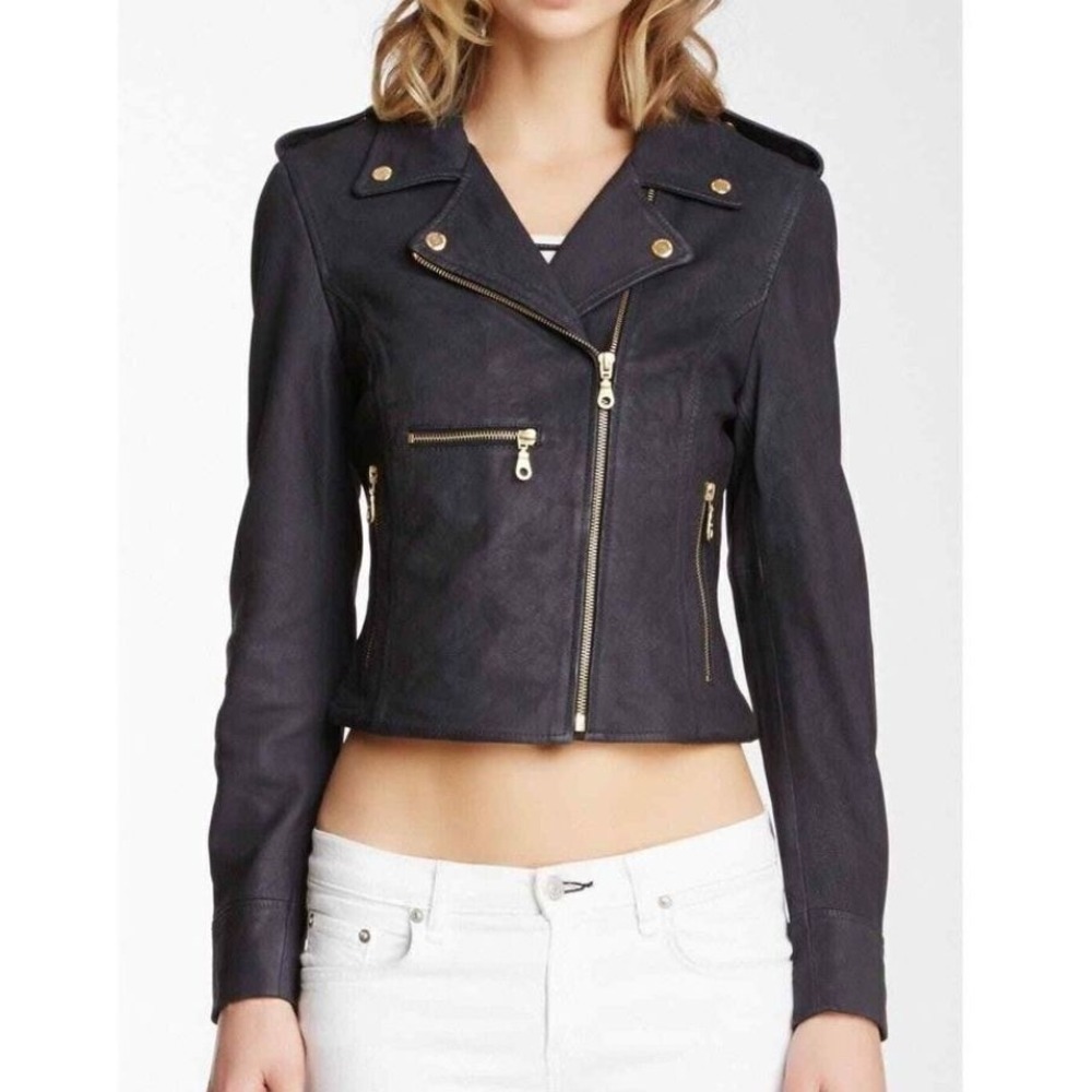 Members Only Rebecca Eve Leather Moto Jacket‎ Black Cropped Biker Grunge Edgy